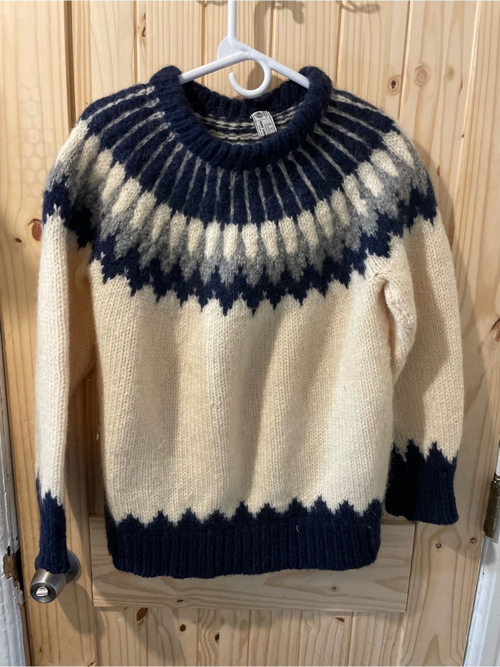Men's Cream and Navy Crewneck Nordic Knit Sweater